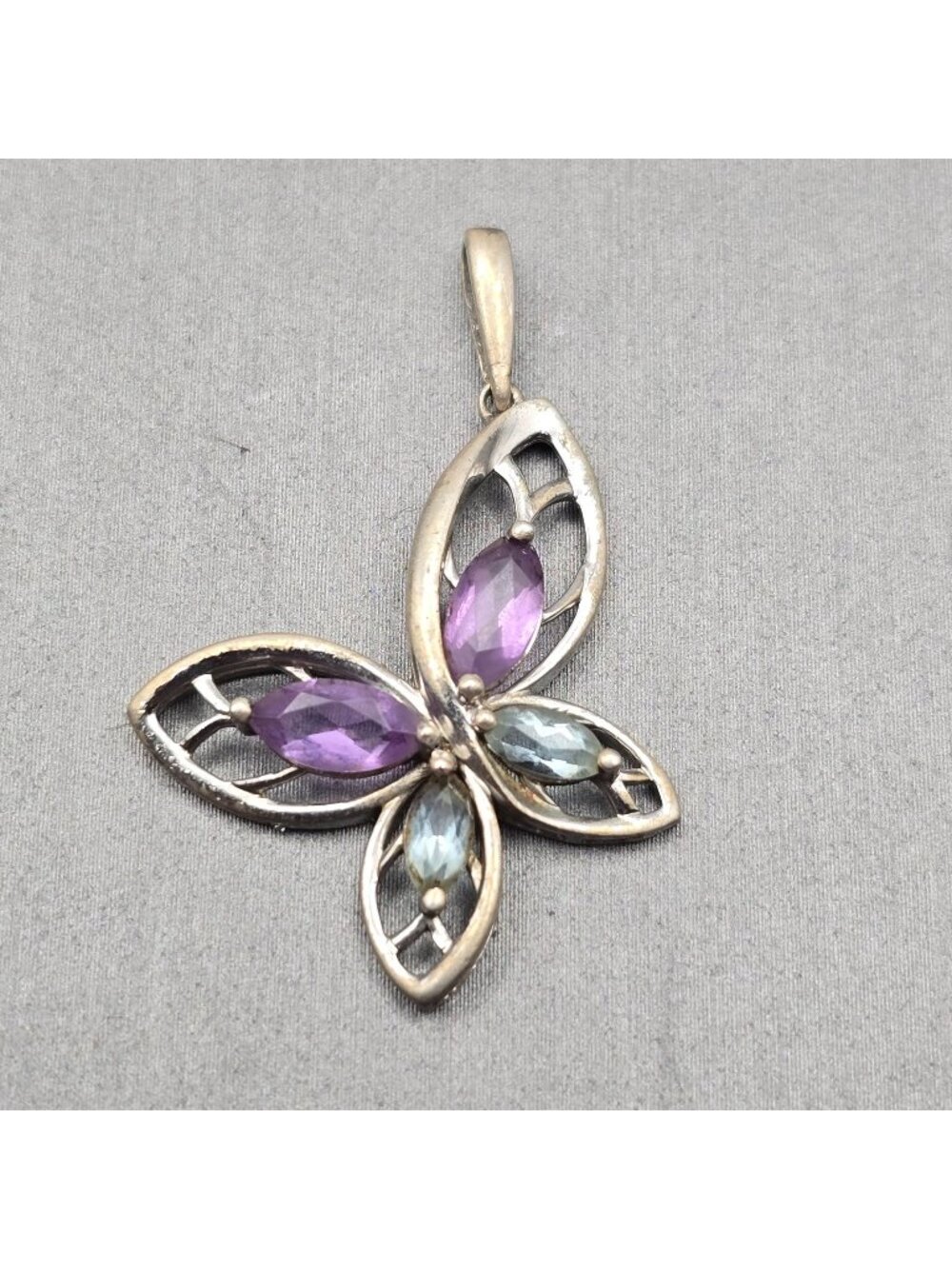 Sterling Silver Butterfly Pendant 1.25" Amethyst Blue Topaz Gemstones Signed P*M